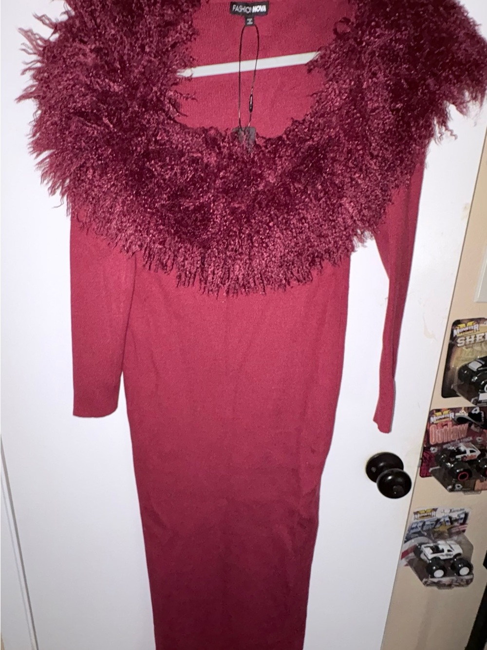 Fashion Nova Wine Feather-Trim Long Sleeve Midi Dress